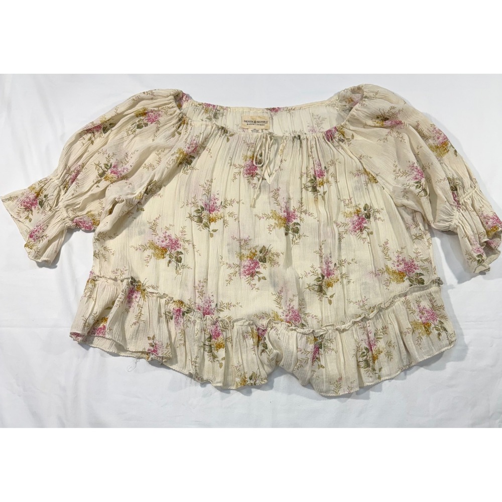 Denim & Supply Ralph Lauren Floral Peasant Blouse Pink Cream Ruffle Hem Small